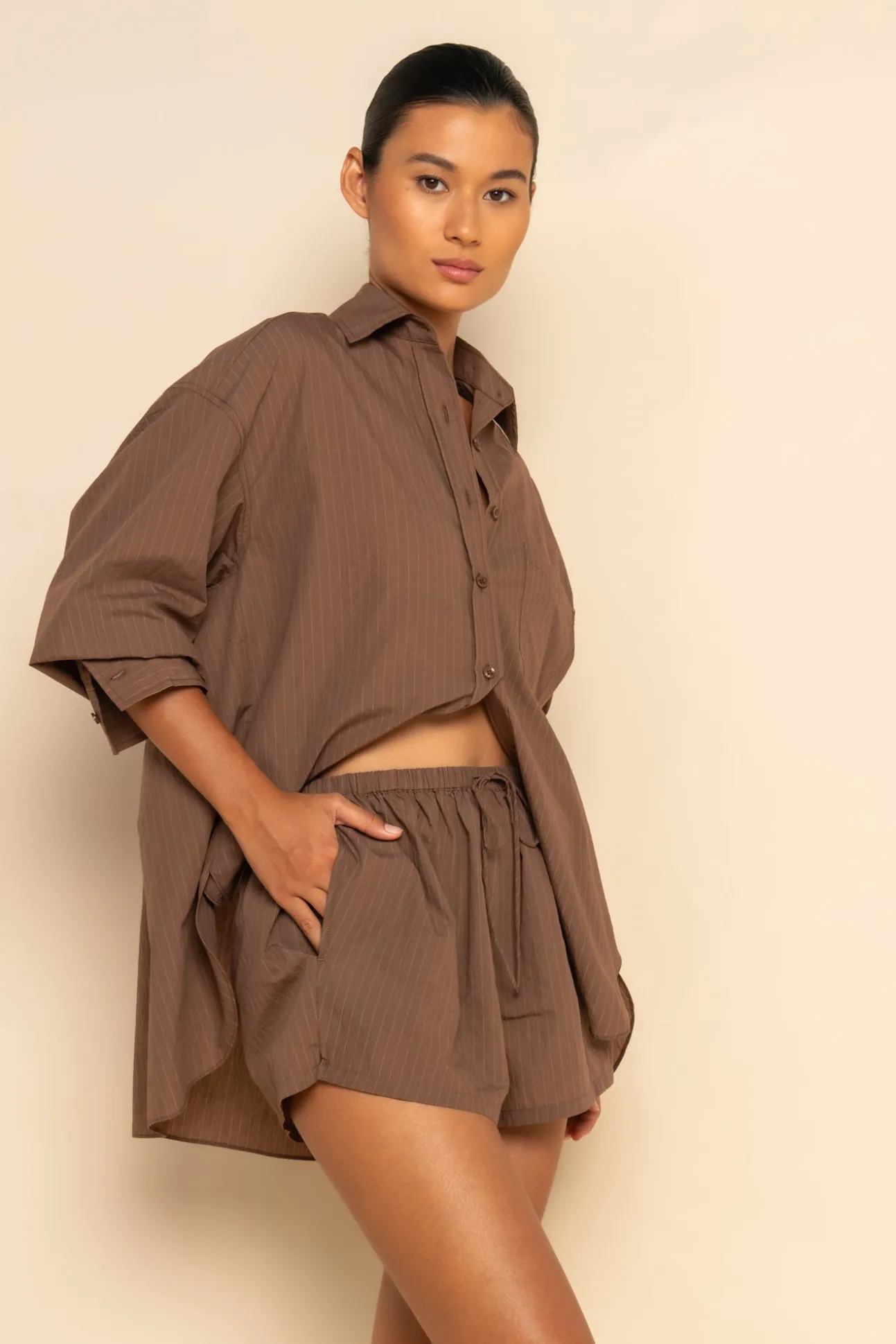 REMI SHORT - MOCHA PINSTRIPE